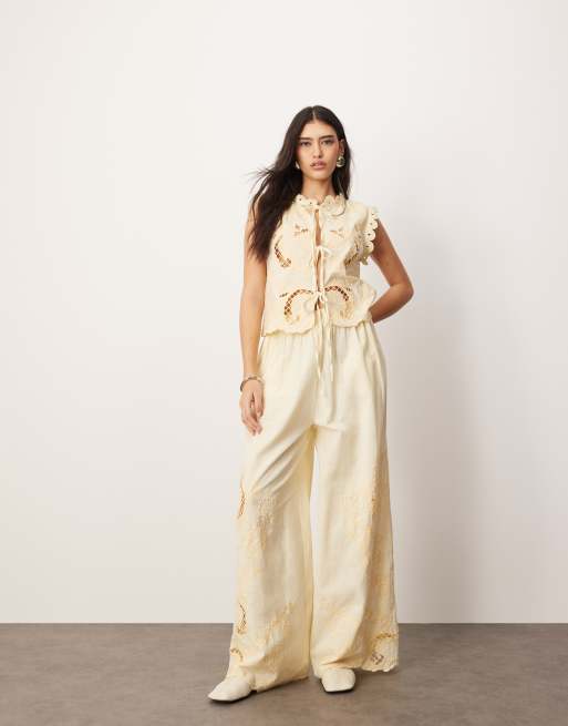 ARRANGE cotton embroidered cutwork tie front top in lemon - part of a set
