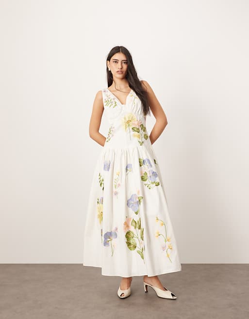 white dress with embroidered flowers Sassy Shortcake Florence Floral Do Not Iron Suzette White Floral Embroidered Midi