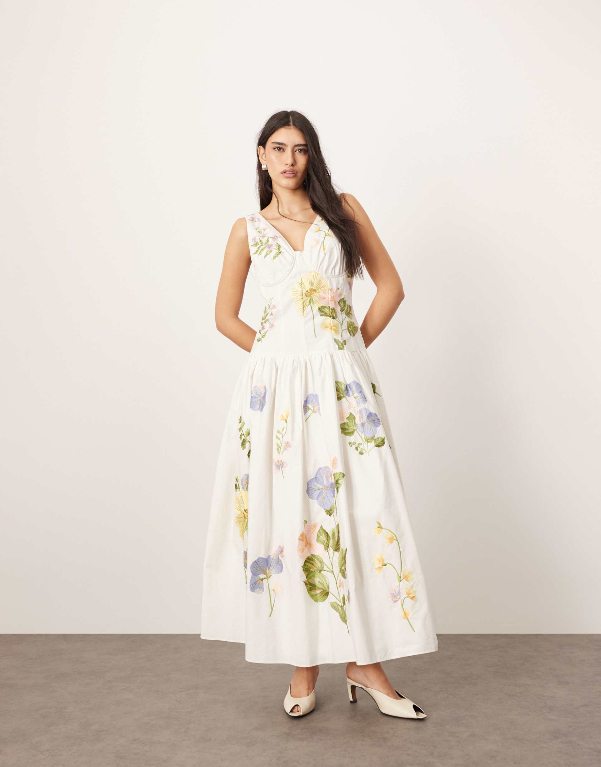 arrange cotton embroidered floral corseted maxi dress in white