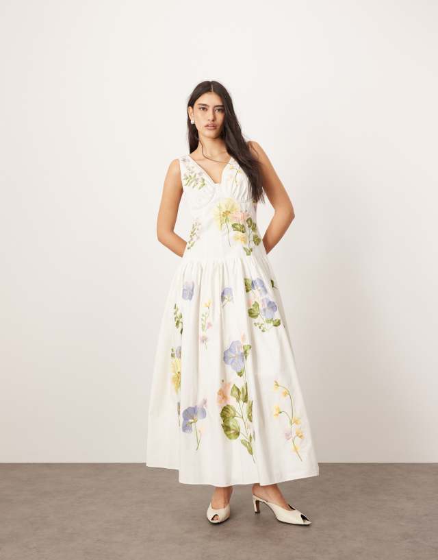 ARRANGE cotton embroidered floral corseted maxi dress in white