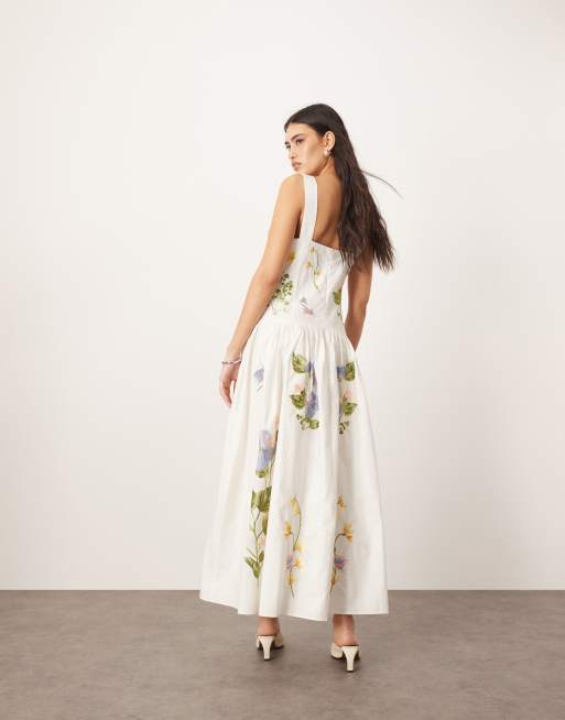 ARRANGE cotton embroidered floral corseted maxi dress in white