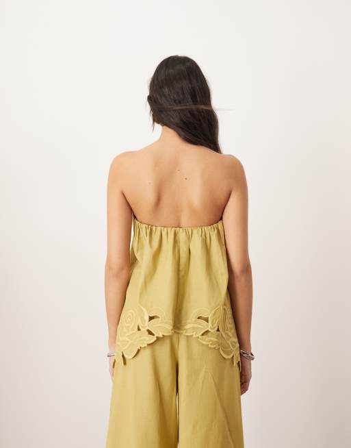 ARRANGE cotton embroidered floral cutwork longline bandeau top co-ord in olive green, 4 of 4