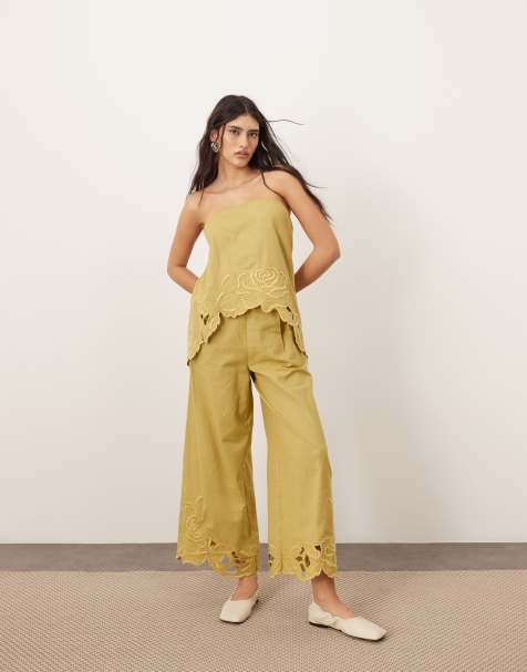 ARRANGE cotton embroidered floral cutwork trouser co-ord in olive green