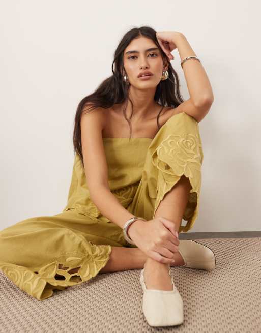 ARRANGE cotton embroidered floral cutwork pants in olive green - part of a set