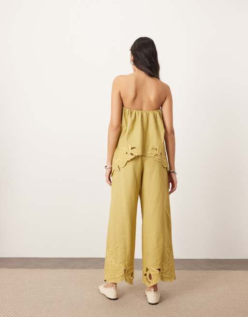 ARRANGE cotton embroidered floral cutwork pants in olive green - part of a set