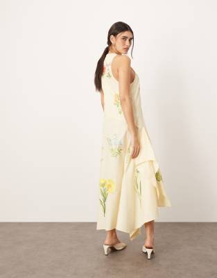 Arrange Cotton Floral Embroidered Plunge Midi Dress In Yellow