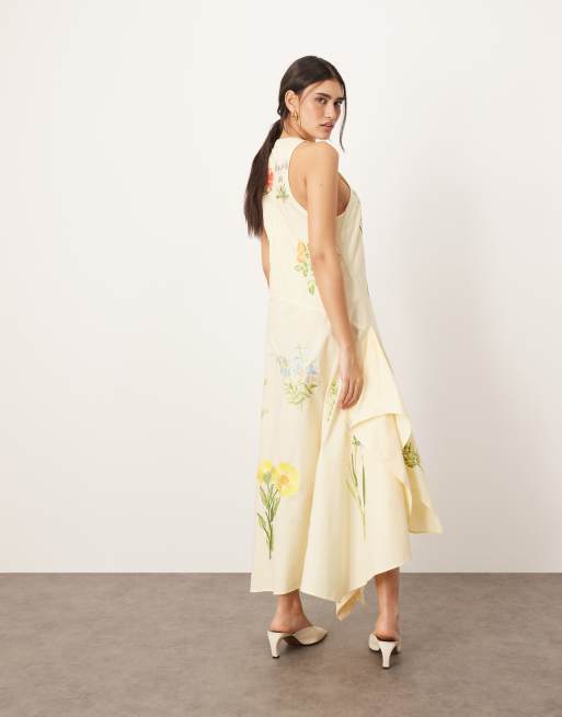 ARRANGE cotton floral embroidered plunge midi dress in buttermilk