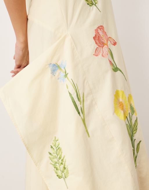 ARRANGE cotton floral embroidered plunge midi dress in buttermilk