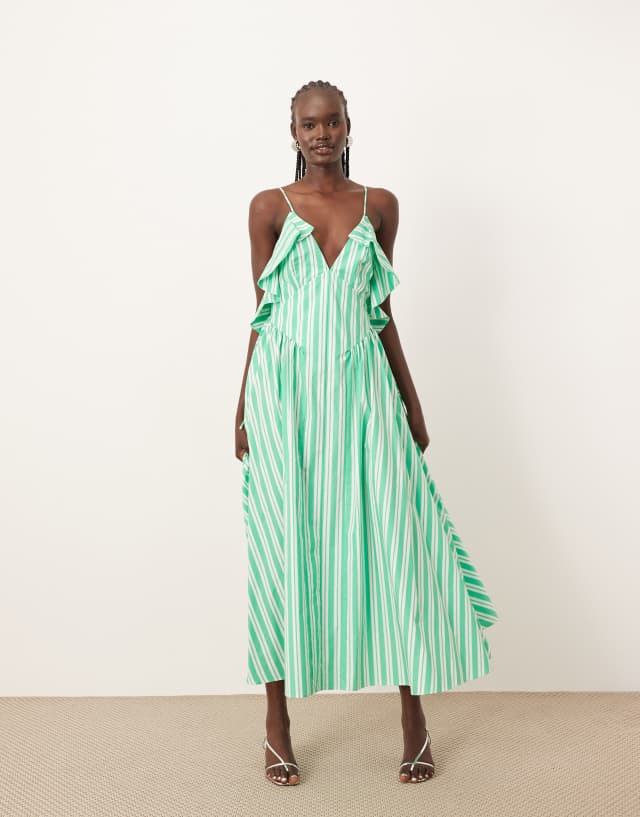 ARRANGE cotton frill detail midi dress with open back in green
