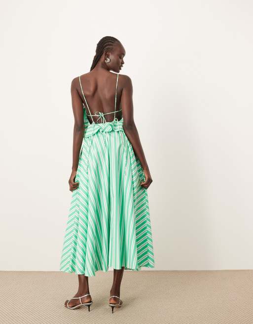 ARRANGE cotton frill detail midi dress with open back in green