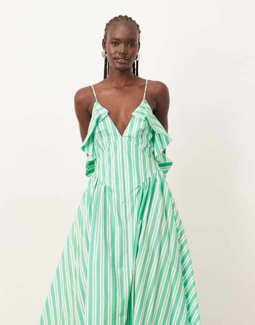 ARRANGE cotton frill detail midi dress with open back in green
