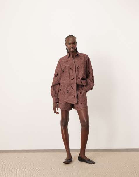 ARRANGE cotton mirrored floral embroidered cutwork shirt and shorts co-ord in chocolate - view 1