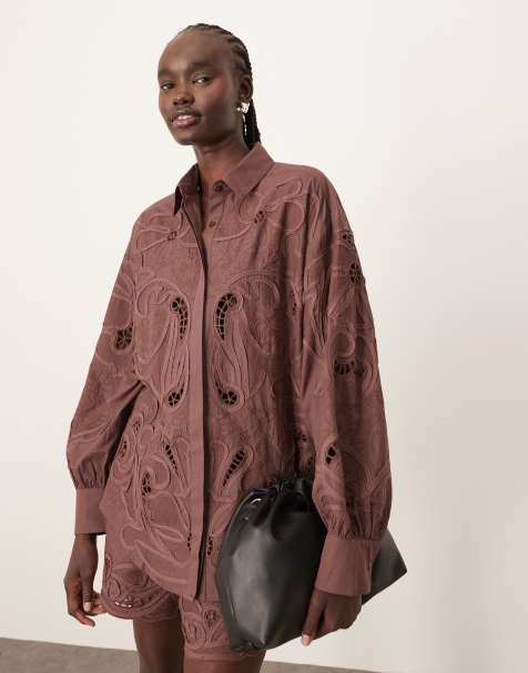 ARRANGE cotton mirrored floral embroidered cutwork shirt in chocolate - part of a set - view 1