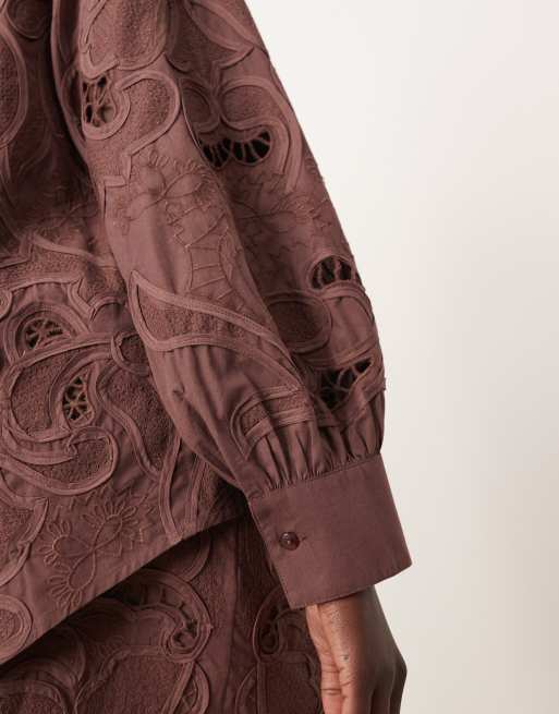ARRANGE cotton mirrored floral embroidered cutwork shirt in chocolate - part of a set