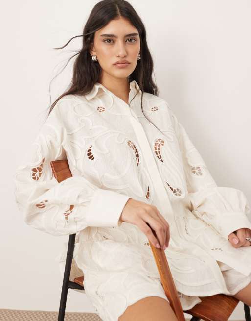 ARRANGE cotton mirrored floral embroidered cutwork shirt in white - part of a set