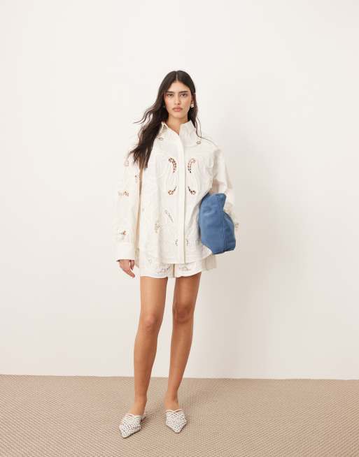 ARRANGE cotton mirrored floral embroidered cutwork shirt in white (part of a set), 3 of 4