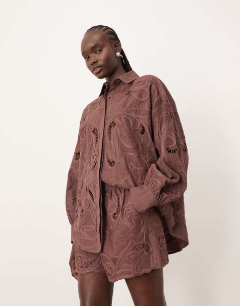 ARRANGE cotton mirrored floral embroidered cutwork shorts co-ord in chocolate - view 1