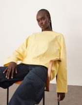 Gina Tricot off-shoulder long sleeve top with ruched channel detail and fluted sleeves in black