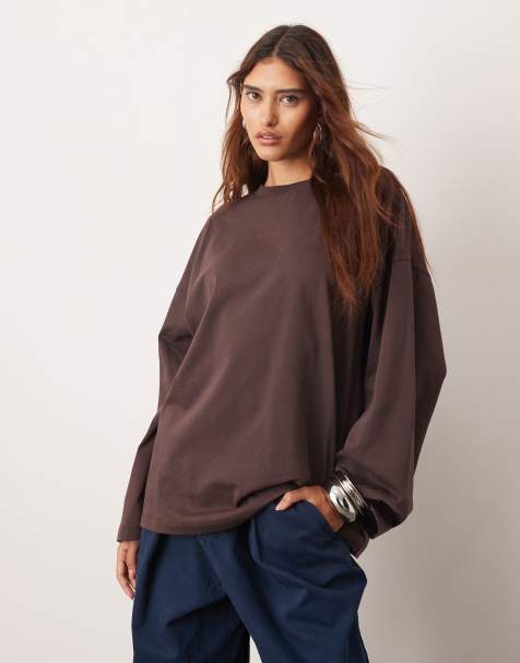 ARRANGE cotton oversized long sleeve T-shirt in chocolate - view 1