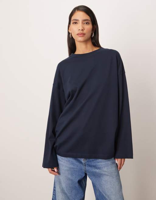 ARRANGE cotton oversized long sleeve T-shirt in navy, 2 of 4