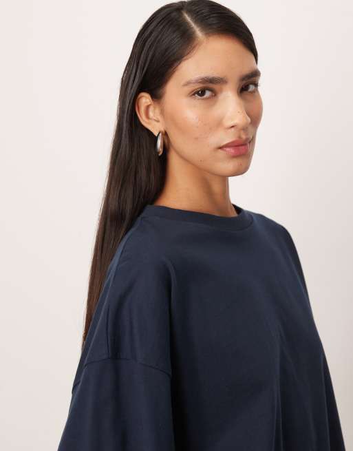 ARRANGE cotton oversized long sleeve T-shirt in navy, 3 of 4