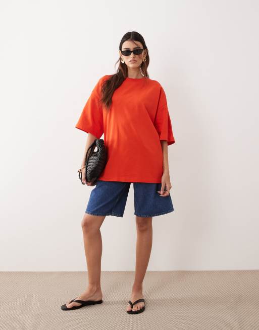 ARRANGE cotton oversized premium heavyweight short sleeve t-shirt in red, 2 of 4
