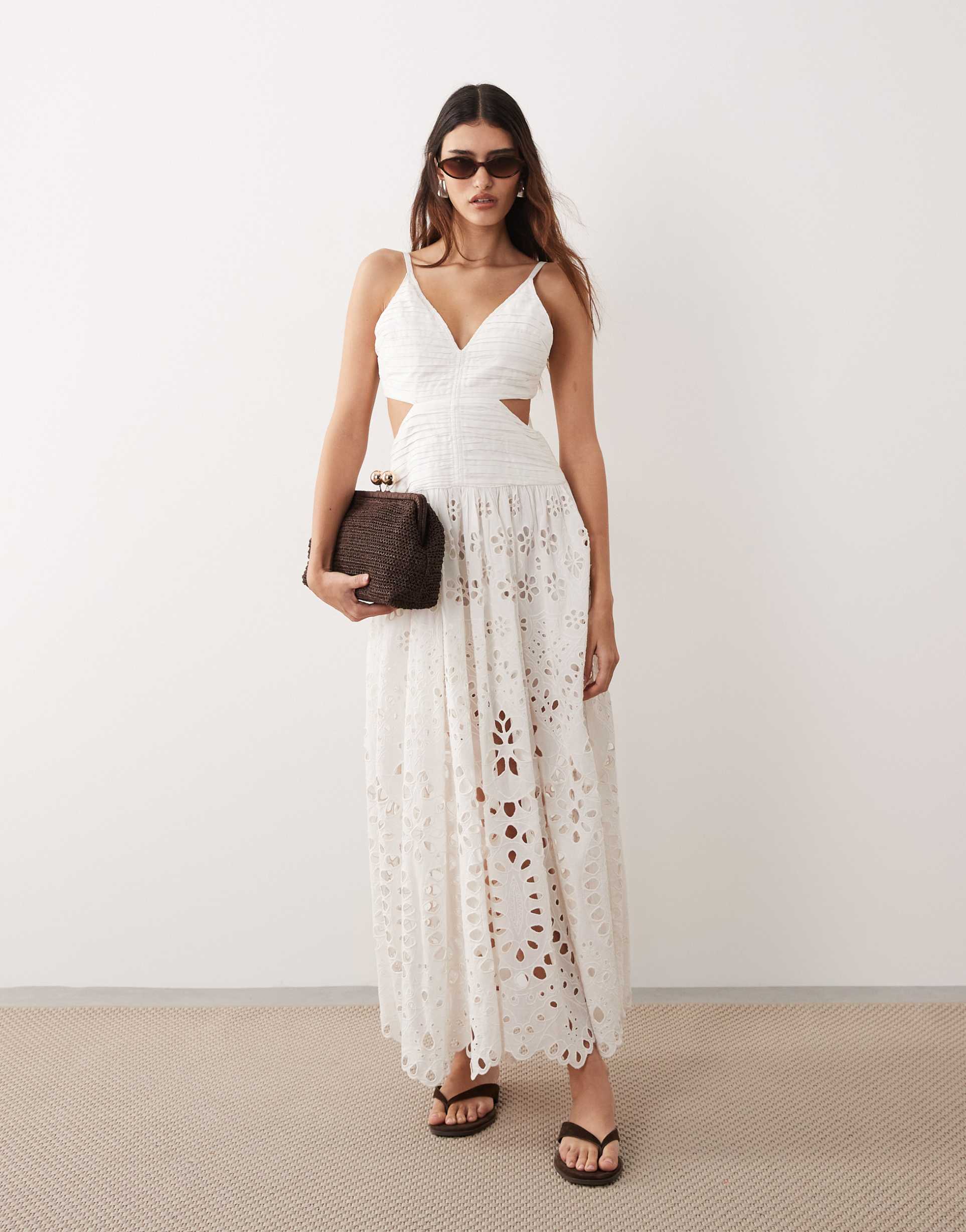 arrange cotton paneled cut out broderie maxi dress in white