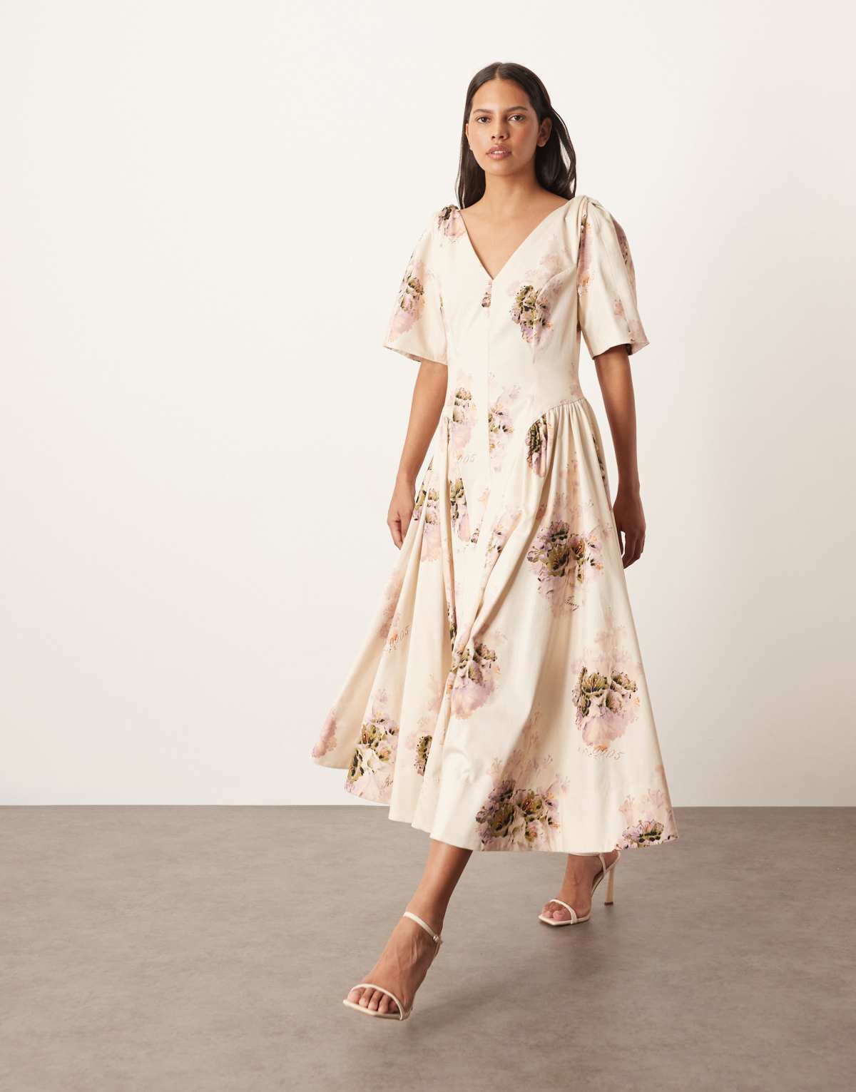 ARRANGE cotton twist shoulder midi dress in bloom floral print