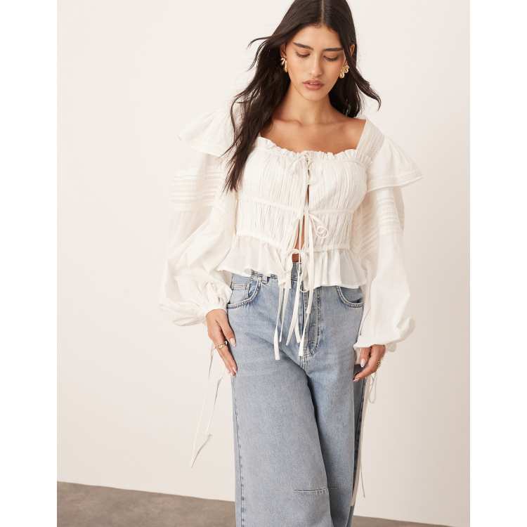 トップス Her lip to Lace Trimming Cotton Blouse Lace-trim Cinched-waist Top In Cotton Voile For Women | J.Crew