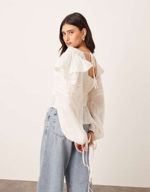 ARRANGE cotton voile lace trim blouse with tie front in white, 3 of 4