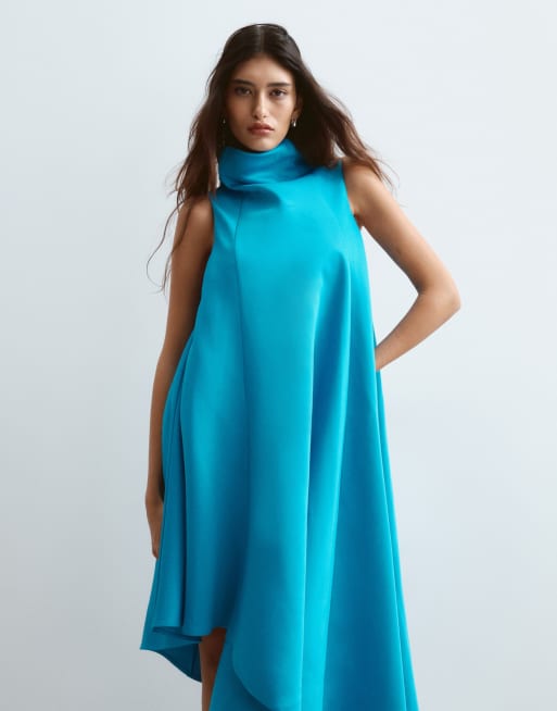 ARRANGE cowl neck asymmetric dress in turquoise, 3 of 4