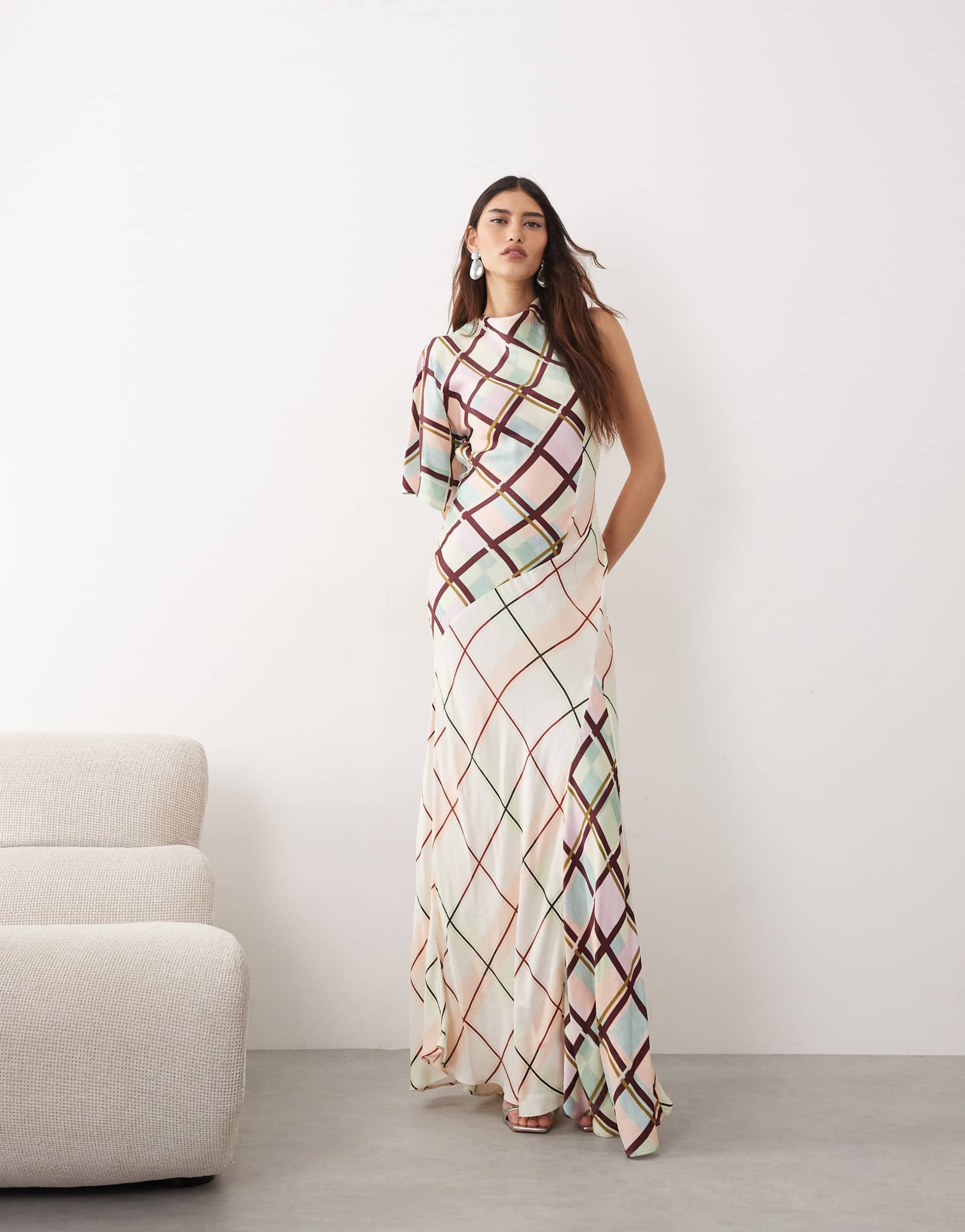 arrange cowl neck asymmetric maxi dress in mixed check print