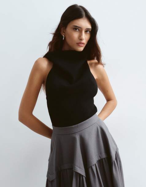 ARRANGE cowl neck knitted rib bodysuit in black - view 1