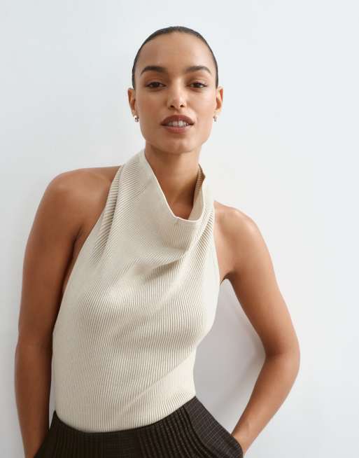 ARRANGE cowl neck knitted rib bodysuit in oatmeal, 3 of 5