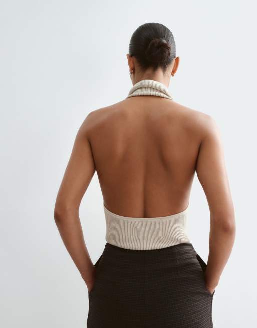 ARRANGE cowl neck knitted rib bodysuit in oatmeal, 4 of 5