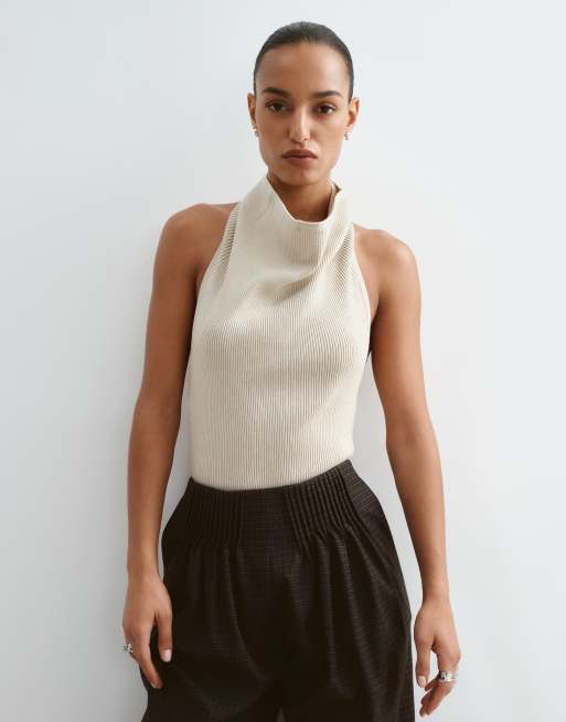 ARRANGE cowl neck knitted rib bodysuit in oatmeal, 5 of 5