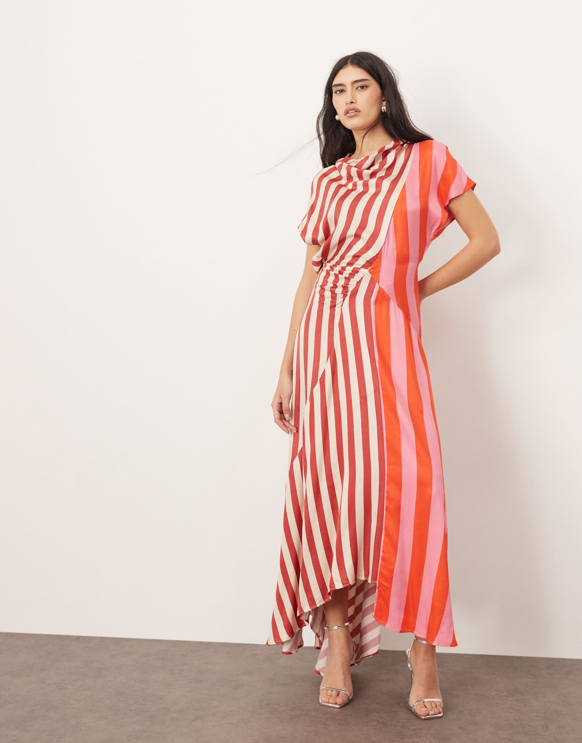 arrange cowl neck maxi dress with asymmetric hem in color block stripe