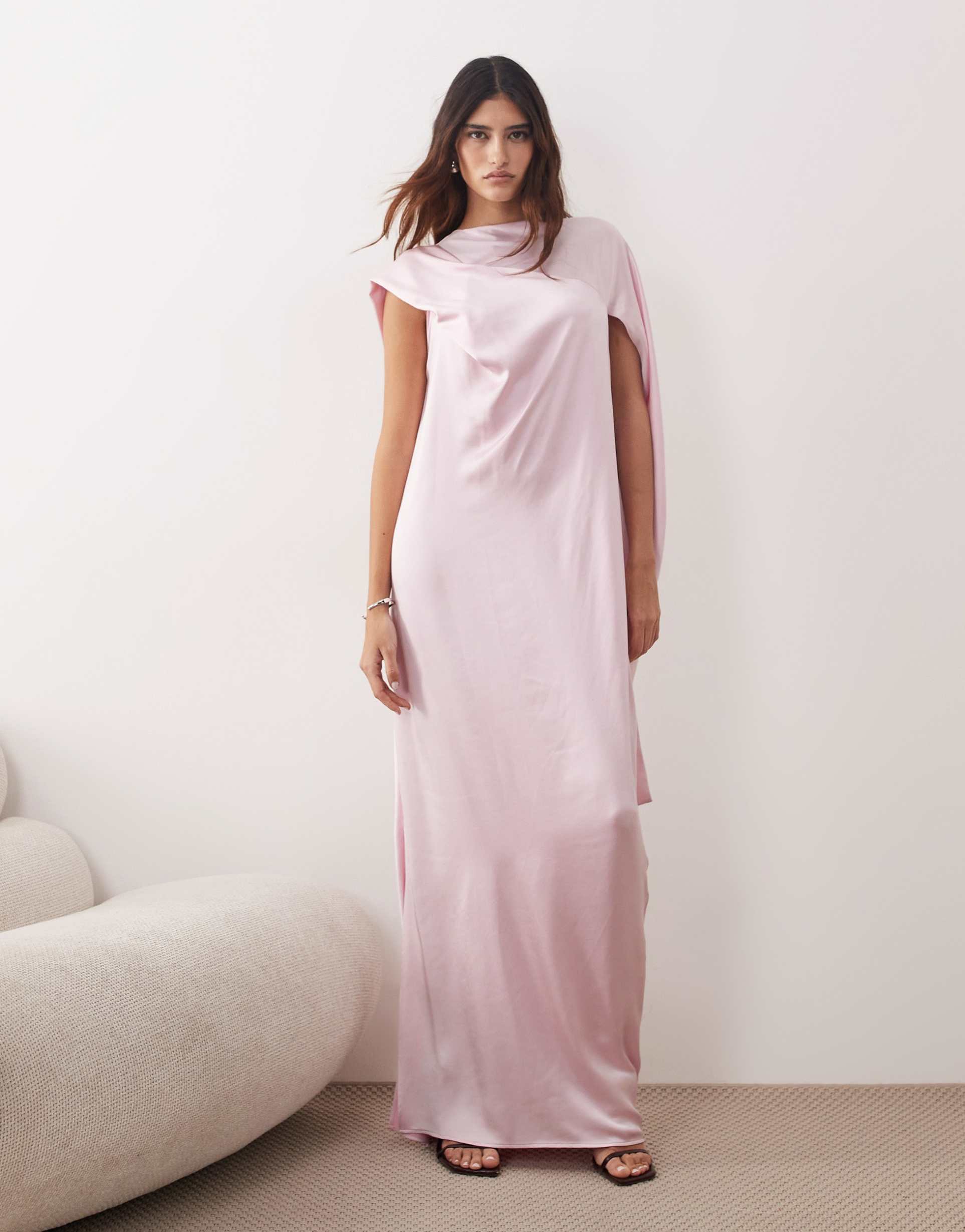 arrange cowl neck scarf draped satin maxi dress in light pink