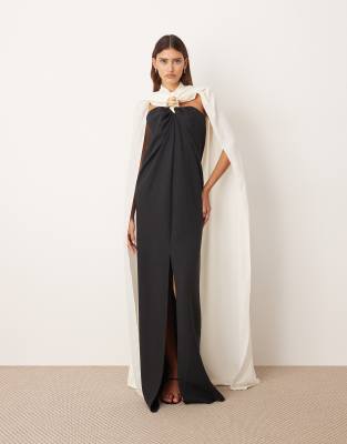 Arrange Crepe Column Maxi Dress With Contrast Drape Back In Black
