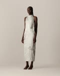 [ARRANGE] ARRANGE crinkle satin embellished drape halter column midi dress in smoke grey 6 Smoke Grey