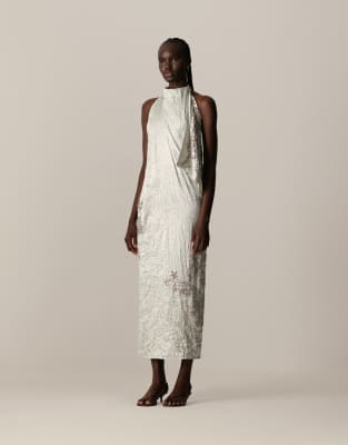Arrange Crinkle Satin Embellished Drape Halter Neck Column Midi Dress