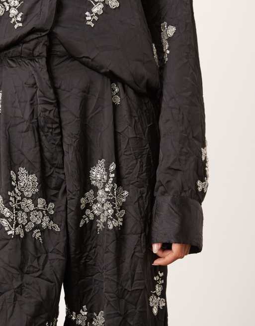 ARRANGE crinkle satin floral embellished pants in black - part of a set, 4 of 5