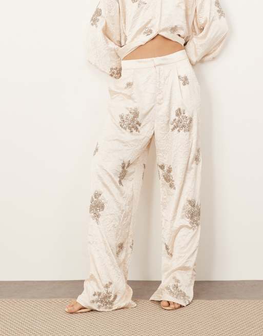 ARRANGE crinkle satin floral embellished pants in cream (part of a set), 2 of 5