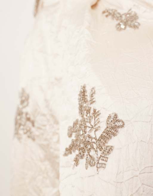 ARRANGE crinkle satin floral embellished pants in cream (part of a set), 3 of 5
