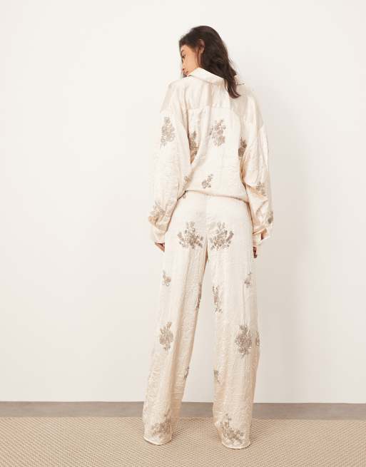 ARRANGE crinkle satin floral embellished pants in cream (part of a set), 5 of 5