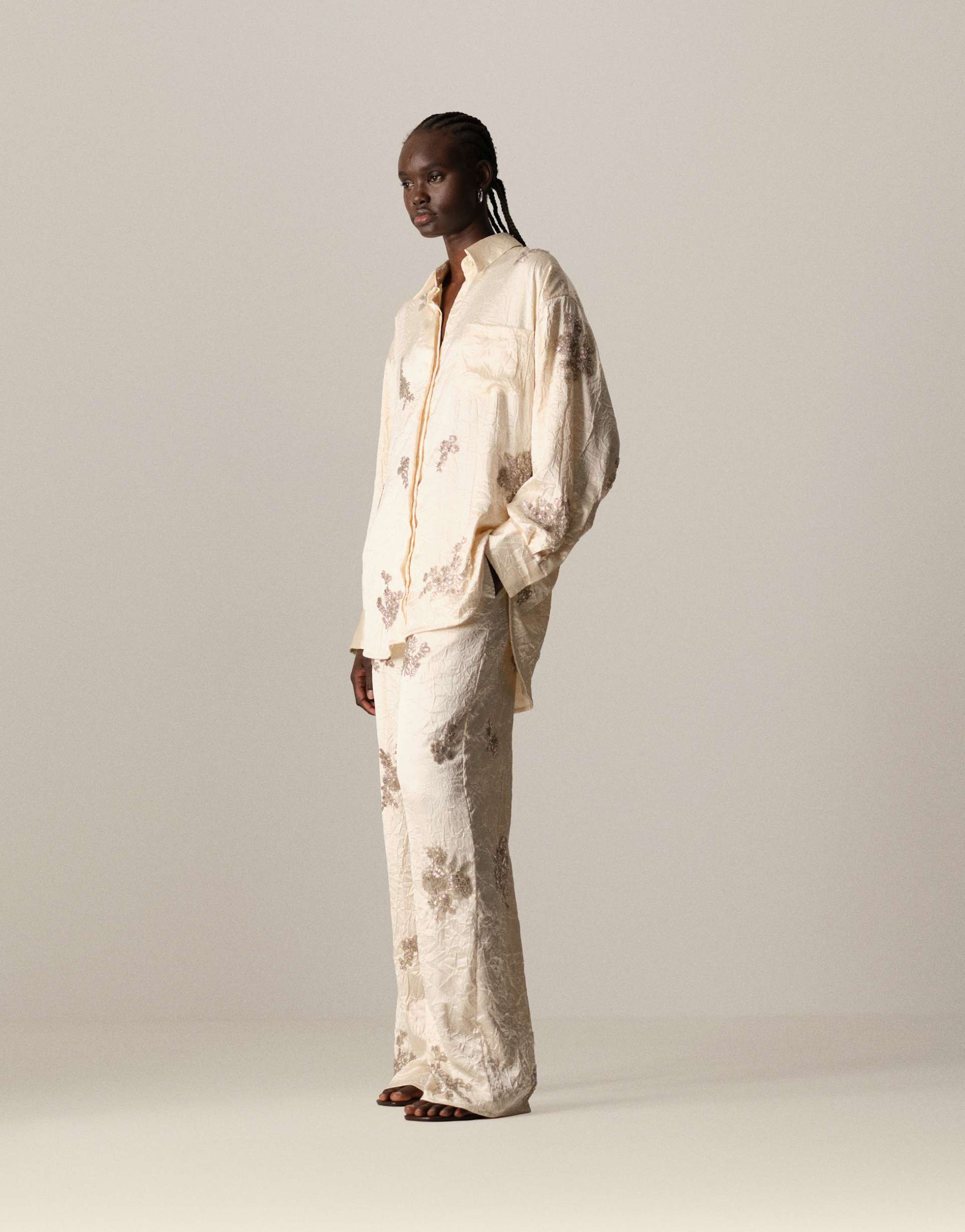 arrange crinkle satin floral embellished shirt in cream - part of a set