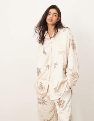 Arrange Crinkle Satin Floral Embellished Shirt In Neutral