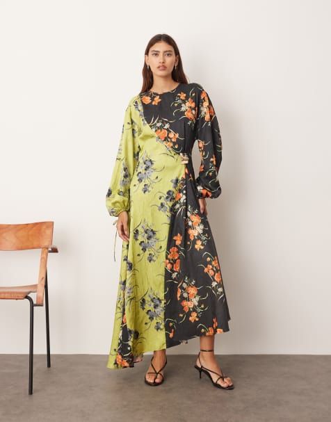 ARRANGE crinkle satin long sleeve maxi dress with trim in colourblock floral print - view 1