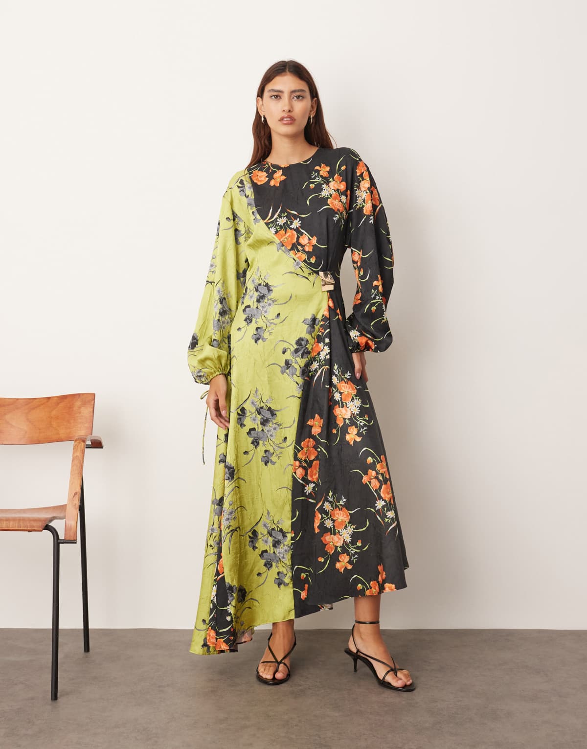 ARRANGE crinkle satin long sleeve maxi dress with trim in colourblock floral print