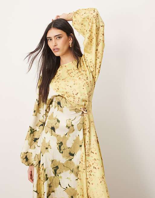floral long sleeve midi dress Beige Tiered Ruffle with Sleeves Day Party Long Sleeve Round Neck Tiered
